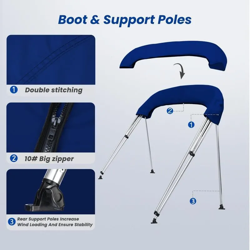 KAKIT 3 4 Bow Bimini Tops with Mesh Sidewalls Support Poles for Boats Marine Grade Canvas Top Includes 2 Straps Storage Boot 1 Inch Aluminum Frame