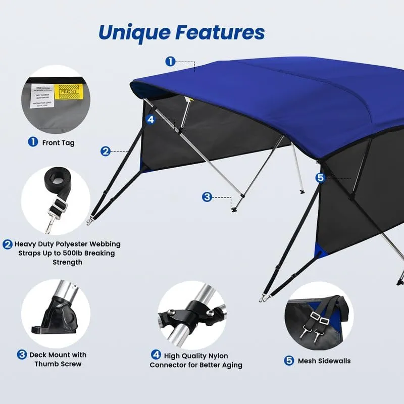 KAKIT 3 4 Bow Bimini Tops with Mesh Sidewalls Support Poles for Boats Marine Grade Canvas Top Includes 2 Straps Storage Boot 1 Inch Aluminum Frame