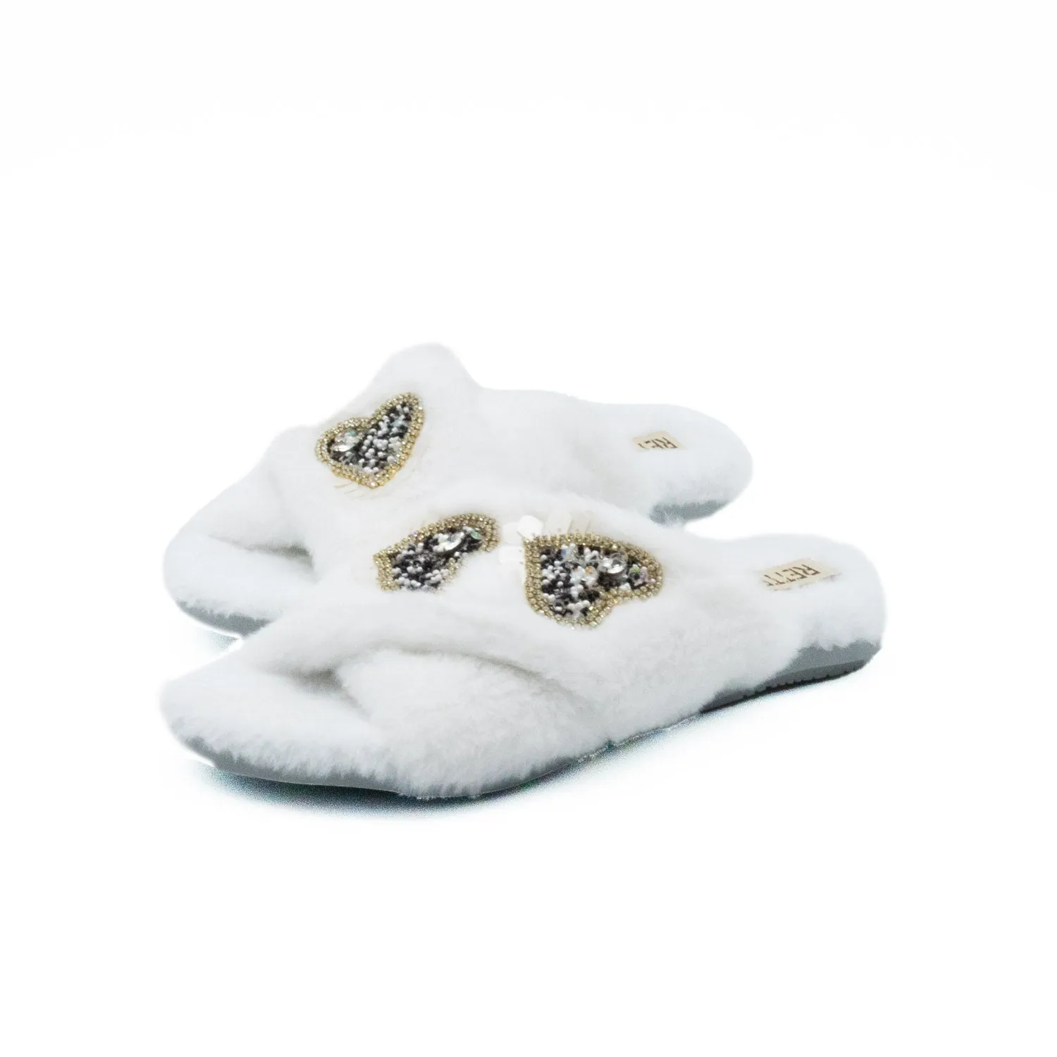 Katie Cream Luxury Plush Diamanté Heart Embellished Handmade Slipper