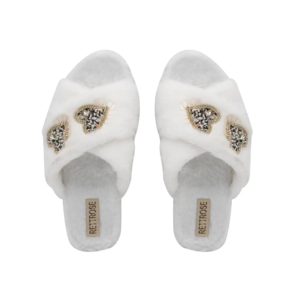 Katie Cream Luxury Plush Diamanté Heart Embellished Handmade Slipper
