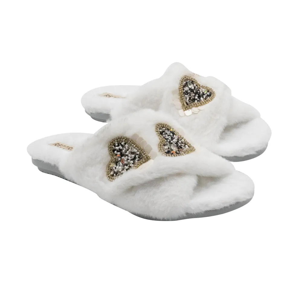 Katie Cream Luxury Plush Diamanté Heart Embellished Handmade Slipper
