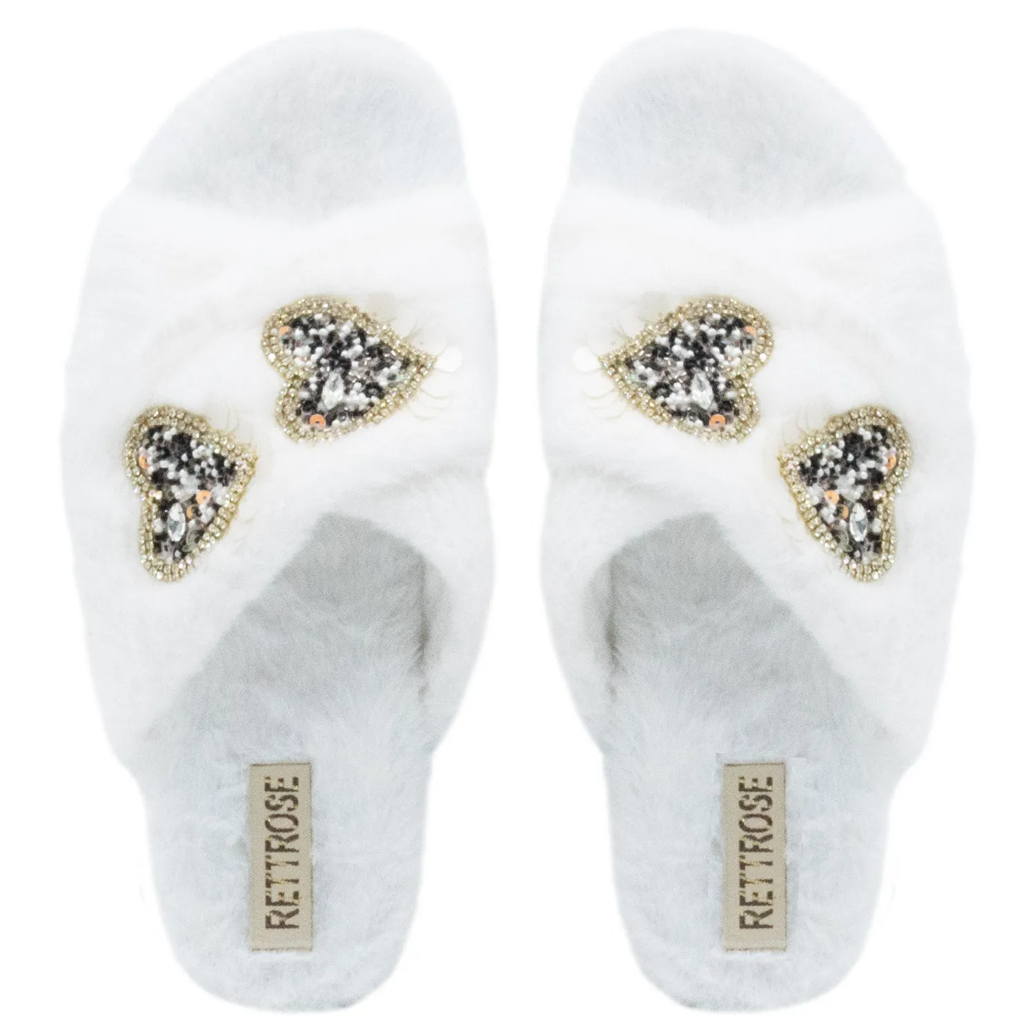 Katie Cream Luxury Plush Diamanté Heart Embellished Handmade Slipper