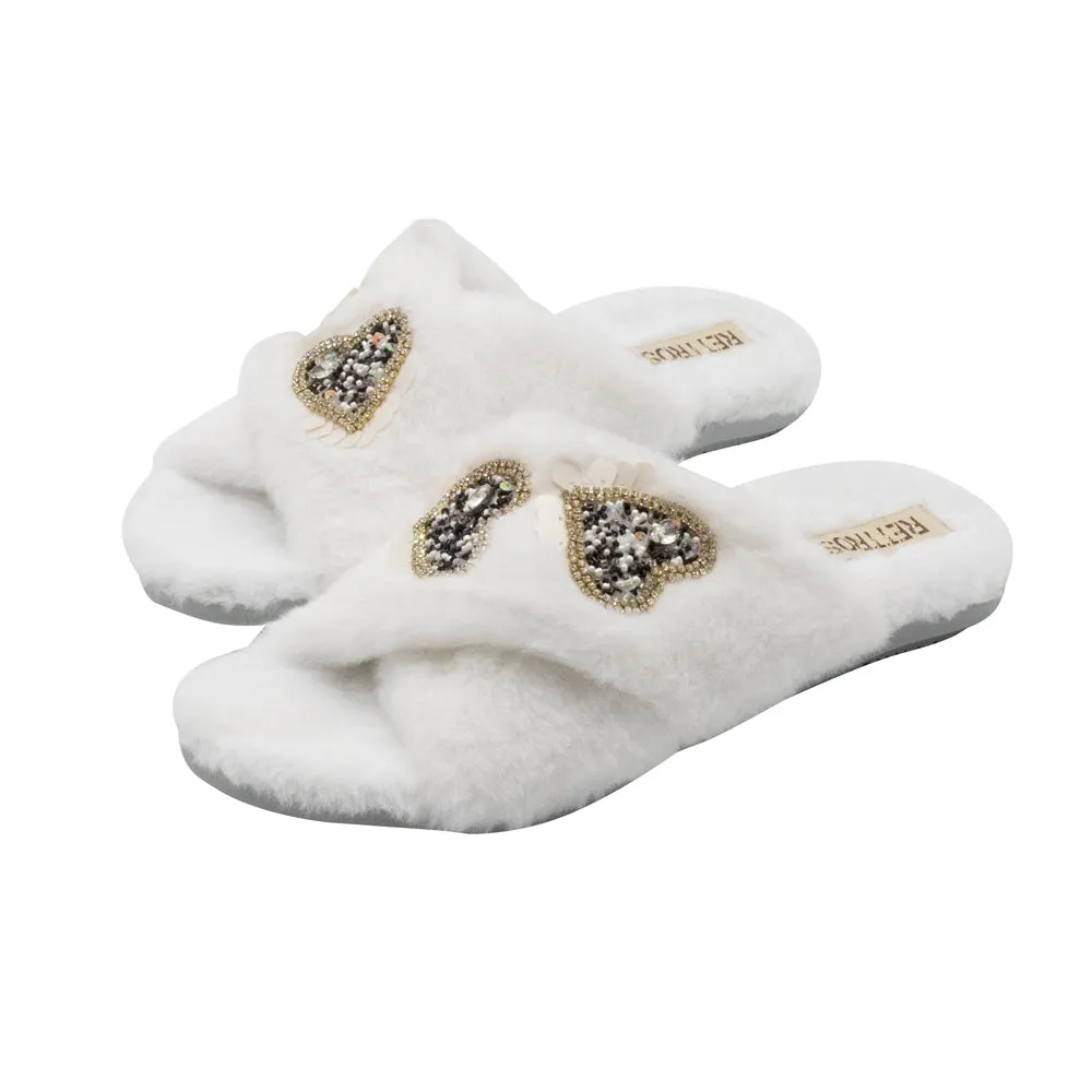 Katie Cream Luxury Plush Diamanté Heart Embellished Handmade Slipper