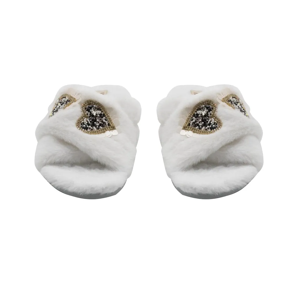 Katie Cream Luxury Plush Diamanté Heart Embellished Handmade Slipper