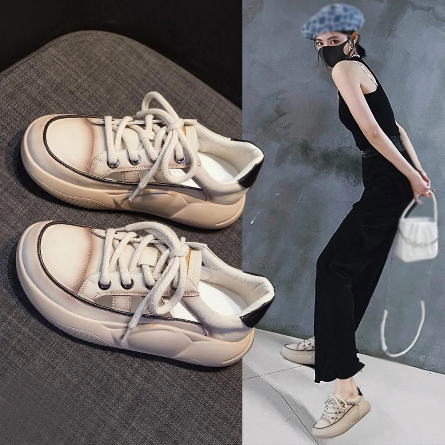 KCTRFSJ Women's Leather Hollow Casual Platform Sneakers,Fashion Lace-up Breathable Increasing Walking Shoes,Comfortable Low Top Non-Slip Running Sports Shoe