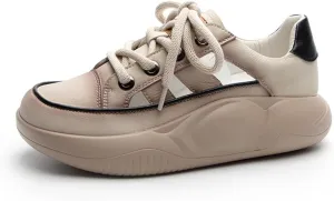 KCTRFSJ Women's Leather Hollow Casual Platform Sneakers,Fashion Lace-up Breathable Increasing Walking Shoes,Comfortable Low Top Non-Slip Running Sports Shoe