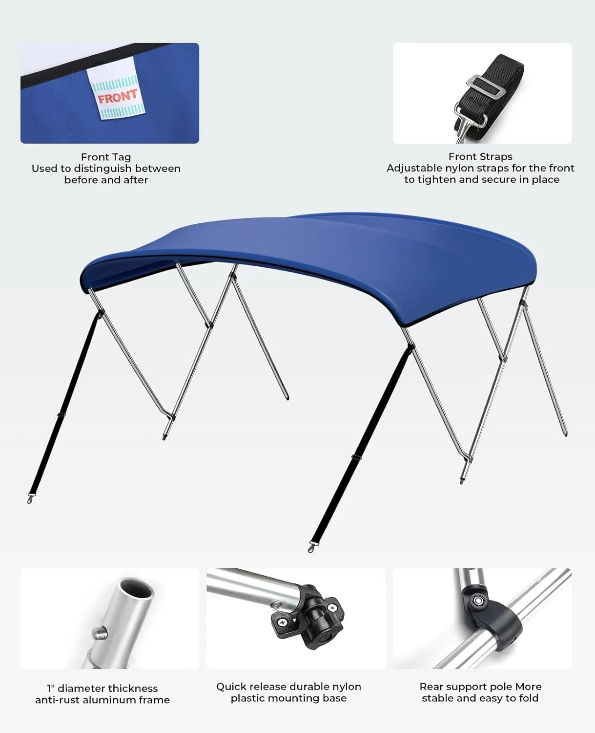 KEMIMOTO Bimini Top for Boat, Bimini Tops Cover 600D Marine Grade Canvas Boat Canopy with 6ft Length 54 in - 96 in Width 46 in Height, Includes Mounting Hardware, Straps Rear Support Poles