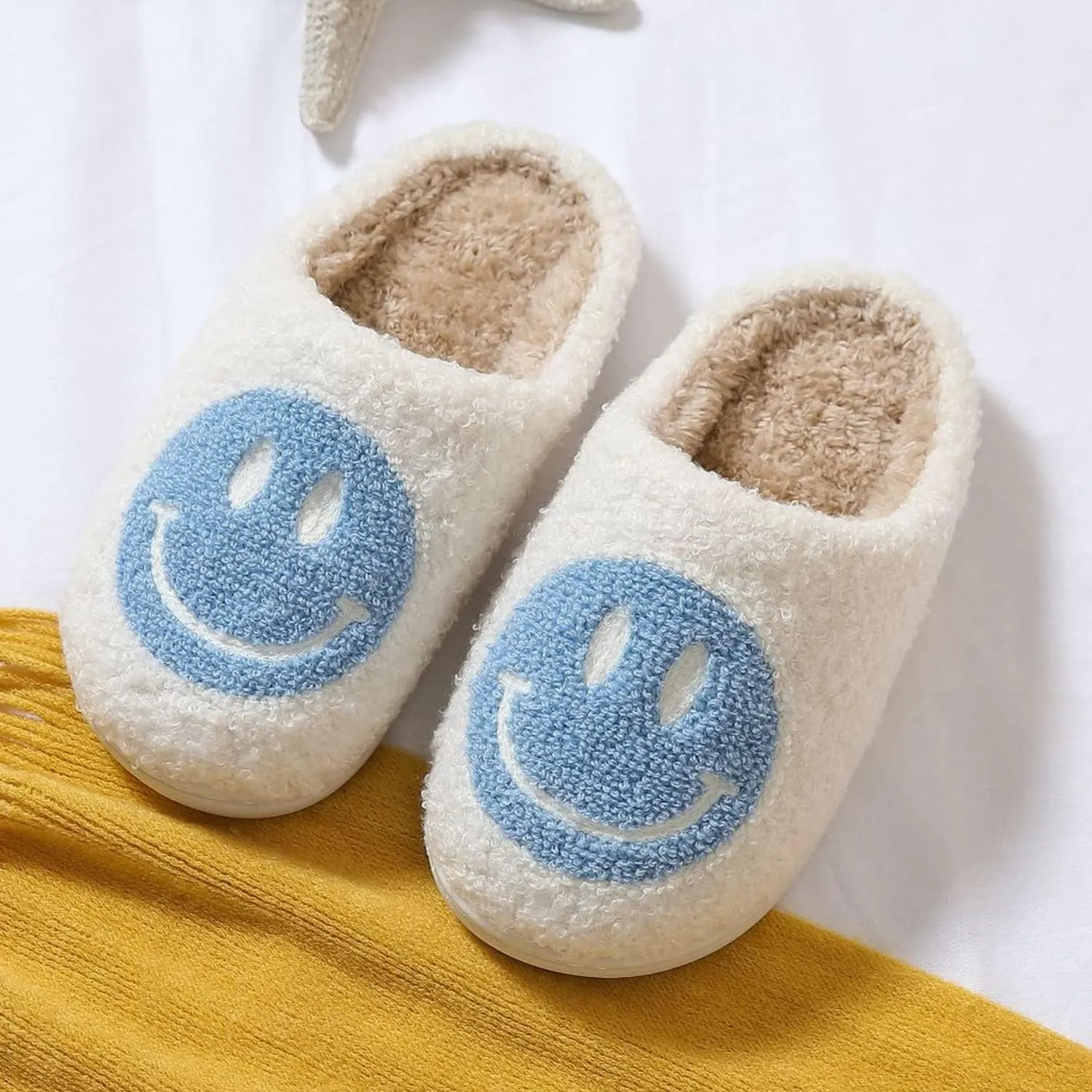 KEYUSHOP Happy Face Slippers for Kids Smile Face House Slippers Soft Plush Warm Preppy Slipper Anti-Slip Winter Fuzzy House Shoes for Toddler Girls