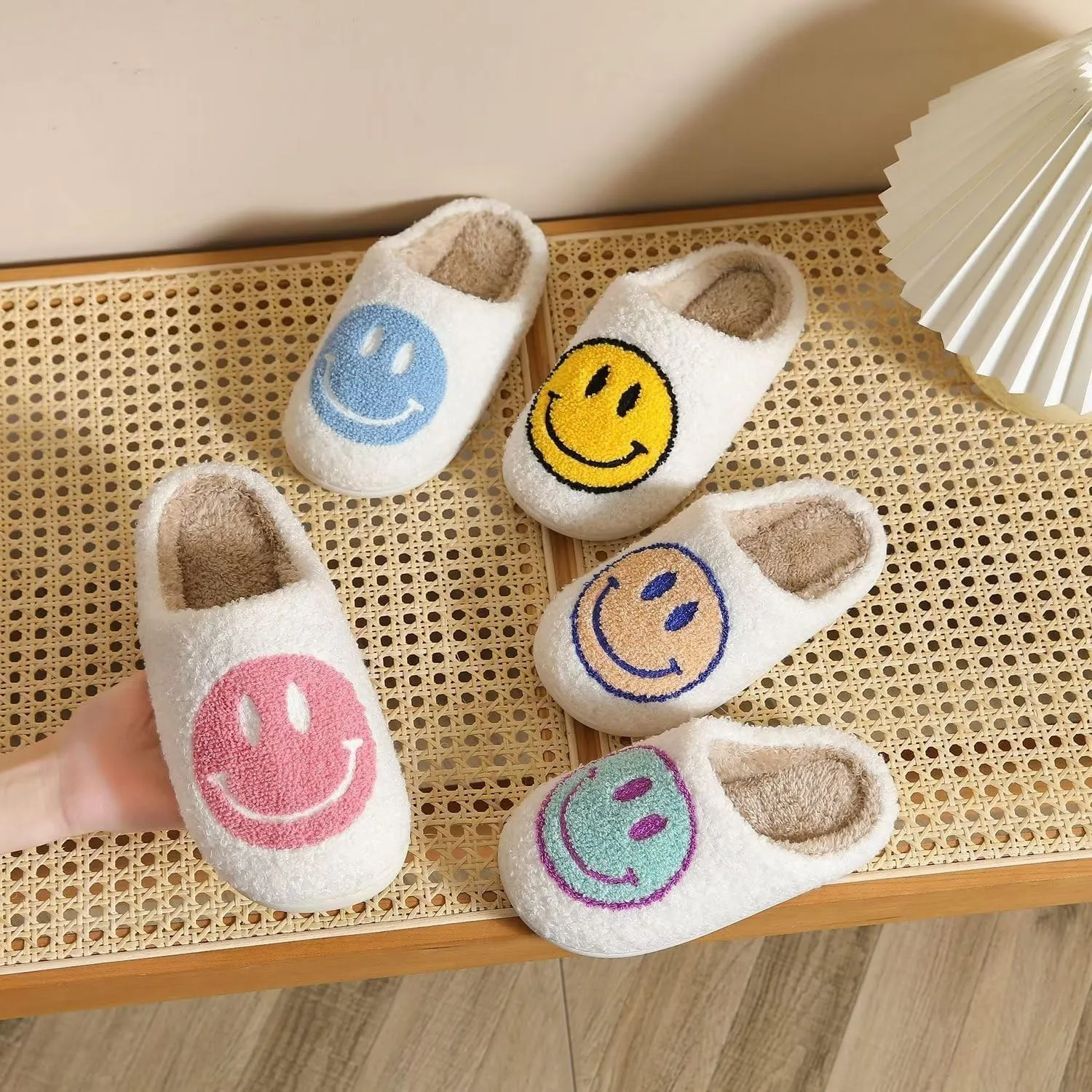 KEYUSHOP Happy Face Slippers for Kids Smile Face House Slippers Soft Plush Warm Preppy Slipper Anti-Slip Winter Fuzzy House Shoes for Toddler Girls