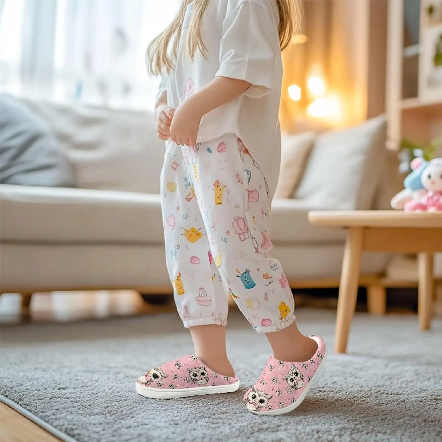 Kids Cotton Slipper Warm Winter Fluffy Breathable Shoes Cozy Fuzzy Print Anti-Slip House Slippers for Litter Big Kid US 9-15