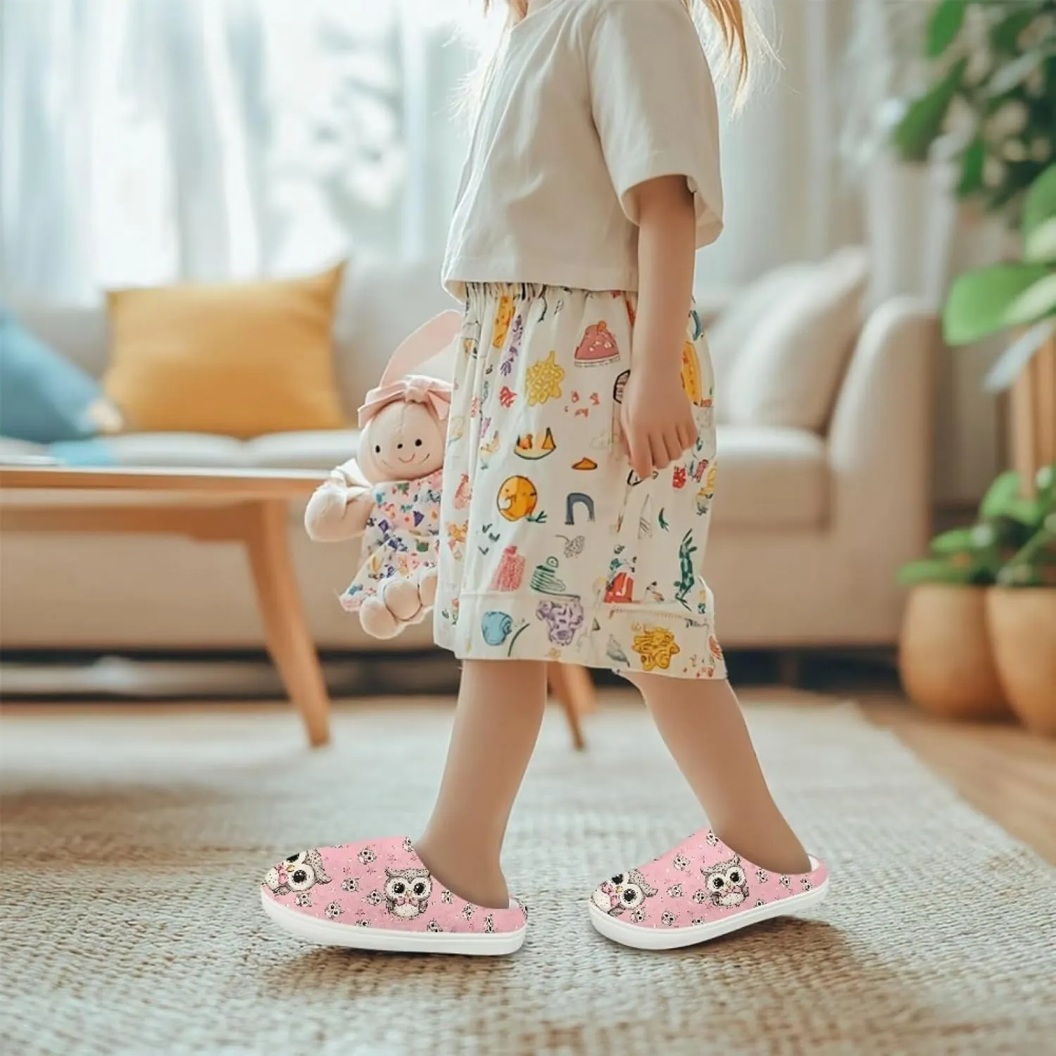 Kids Cotton Slipper Warm Winter Fluffy Breathable Shoes Cozy Fuzzy Print Anti-Slip House Slippers for Litter Big Kid US 9-15