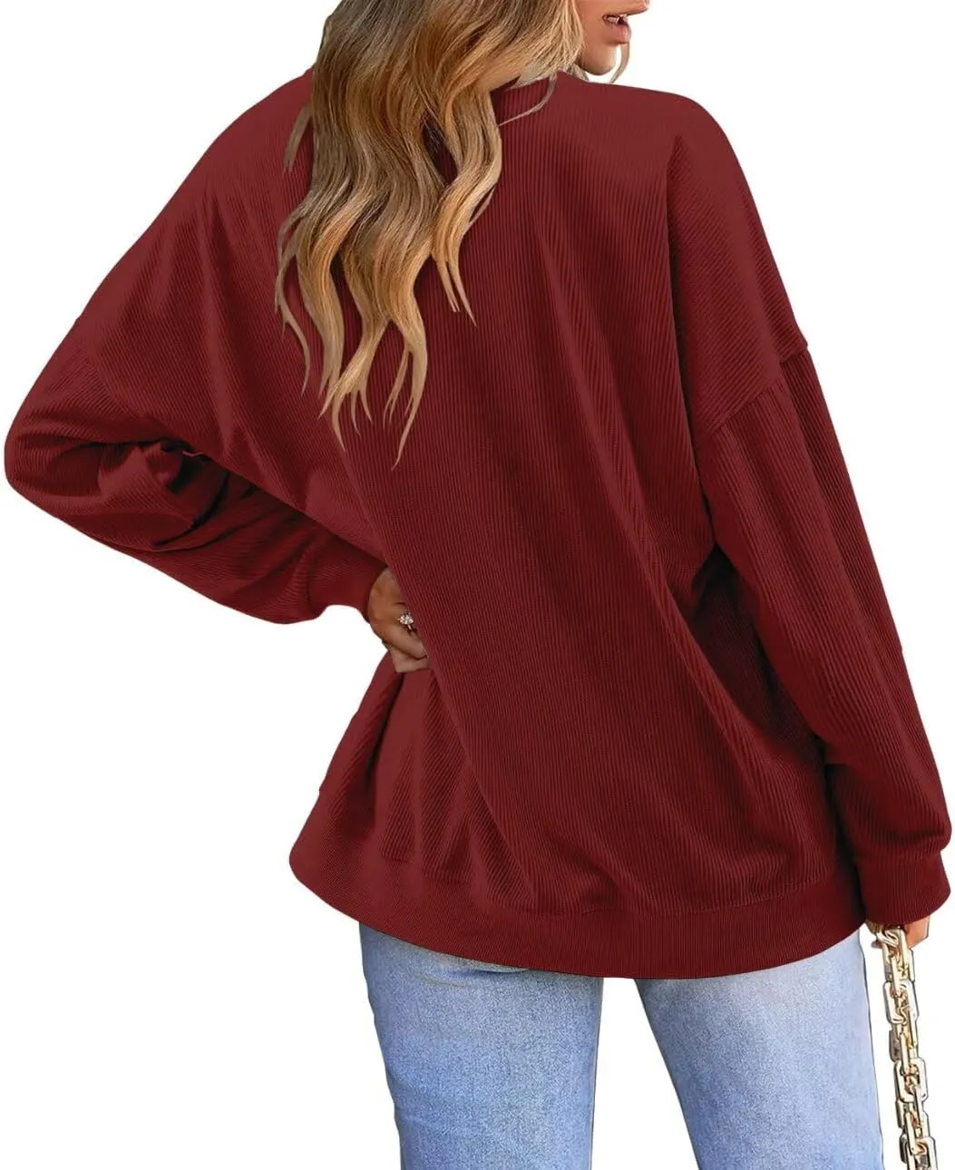 KISSMODA Women's Casual Long Sleeve Sweatshirt Color Block/Solid Crewneck Corduroy Pullover Cute Tops