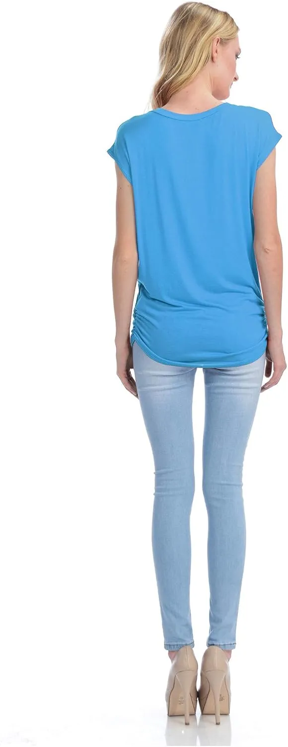 KOGMO Womens Short Sleeve Solid Basic Tunic Top Tee with Side Shirring