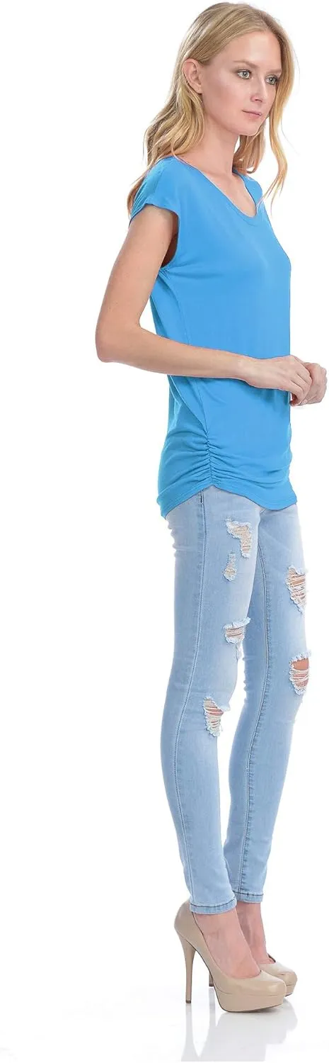 KOGMO Womens Short Sleeve Solid Basic Tunic Top Tee with Side Shirring