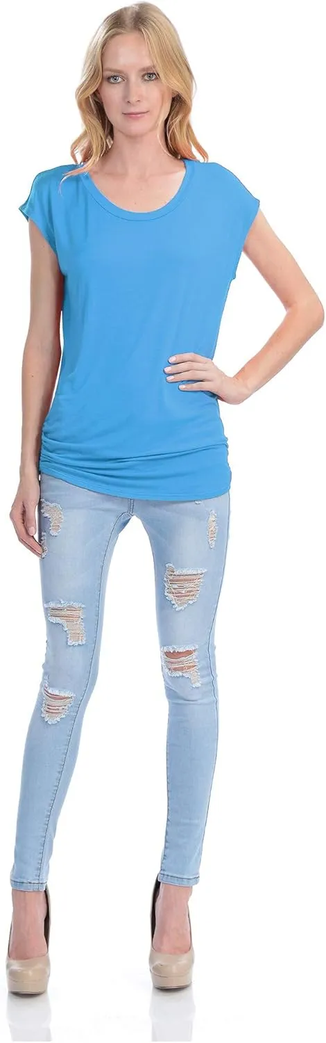 KOGMO Womens Short Sleeve Solid Basic Tunic Top Tee with Side Shirring