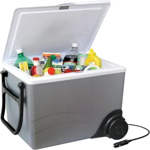 Koolatron Electric Portable Cooler Plug in 12V Car Cooler/Warmer 36 qt (34 L) w/Wheels,No Ice Thermo Electric Portable Fridge for Camping,Travel Road Trips Trucking with DC Power Cord,Gray/White.