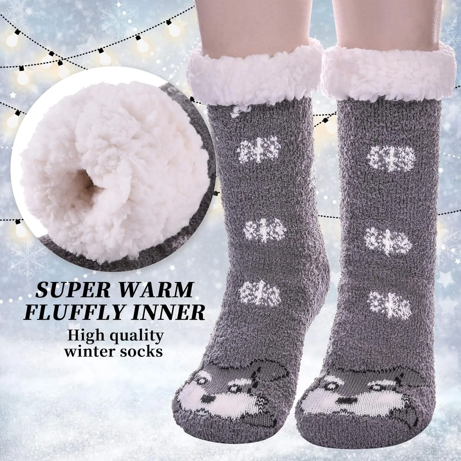 LANLEO Fuzzy Slipper Socks For Women with Grippers Winter Warm Thick Plush Fleece Lining Non Slip Animal Home Socks