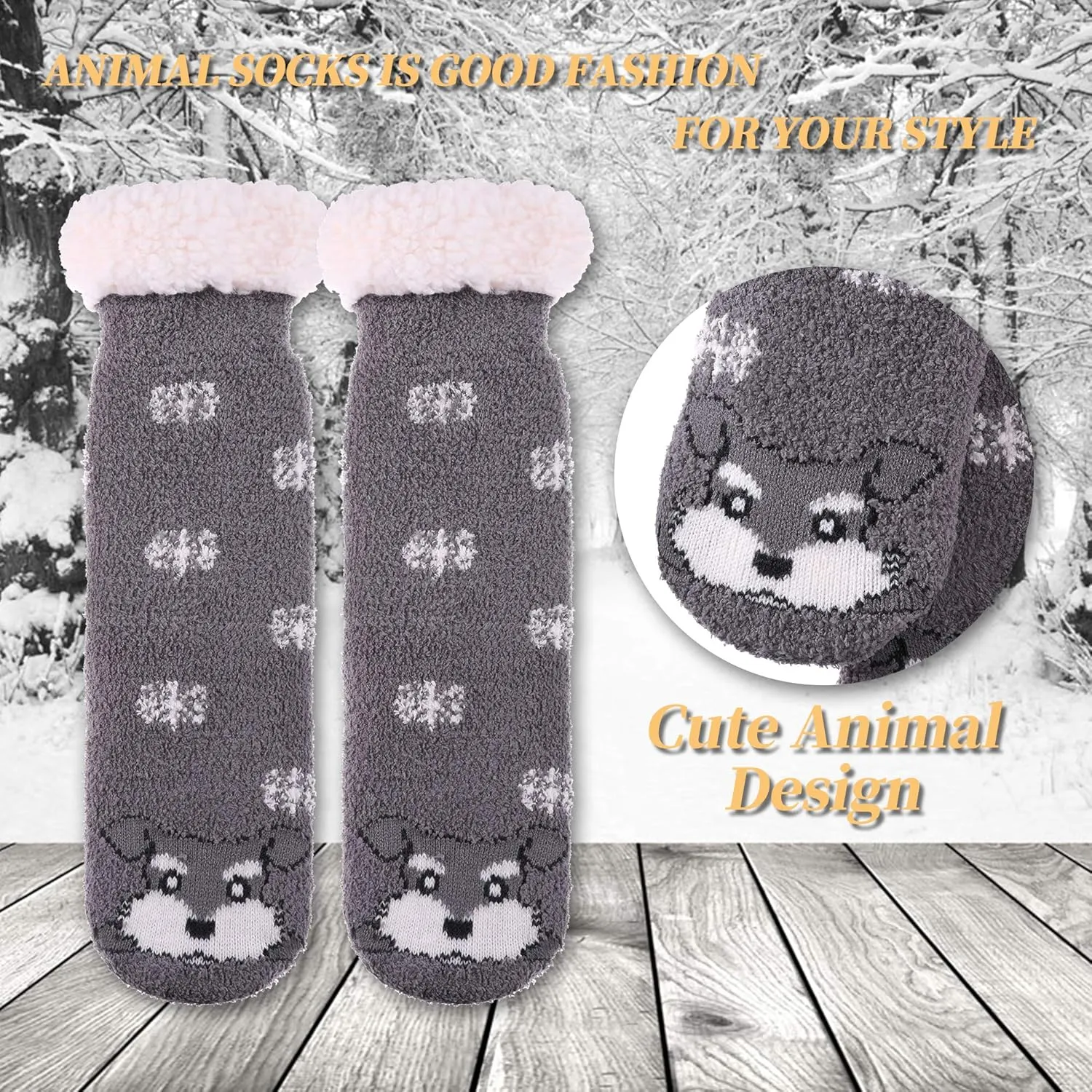 LANLEO Fuzzy Slipper Socks For Women with Grippers Winter Warm Thick Plush Fleece Lining Non Slip Animal Home Socks