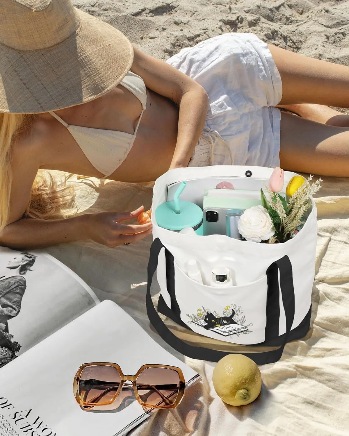 Large Canvas Tote Bag Zipper Closure - Outside Pocket Size 17.5''×14'' Aesthetic Boat Bag for Women Cotton