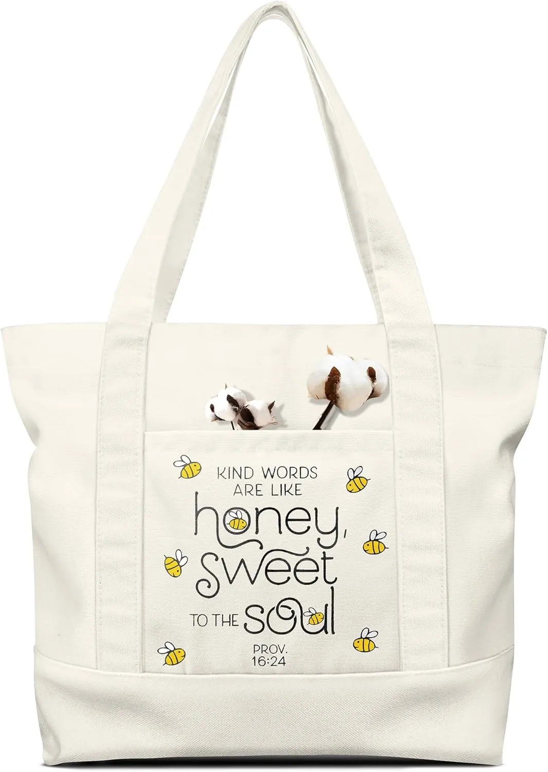 Large Canvas Tote Bag Zipper Closure - Outside Pocket Size 17.5''×14'' Aesthetic Boat Bag for Women Cotton