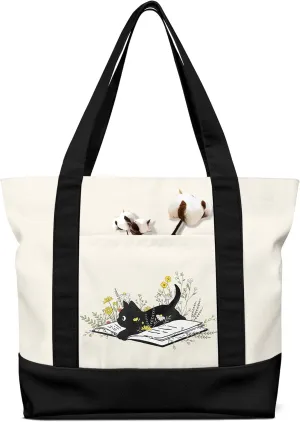 Large Canvas Tote Bag Zipper Closure - Outside Pocket Size 17.5''×14'' Aesthetic Boat Bag for Women Cotton