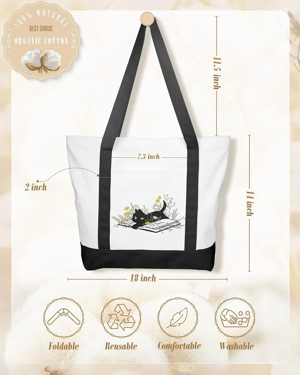 Large Canvas Tote Bag Zipper Closure - Outside Pocket Size 17.5''×14'' Aesthetic Boat Bag for Women Cotton