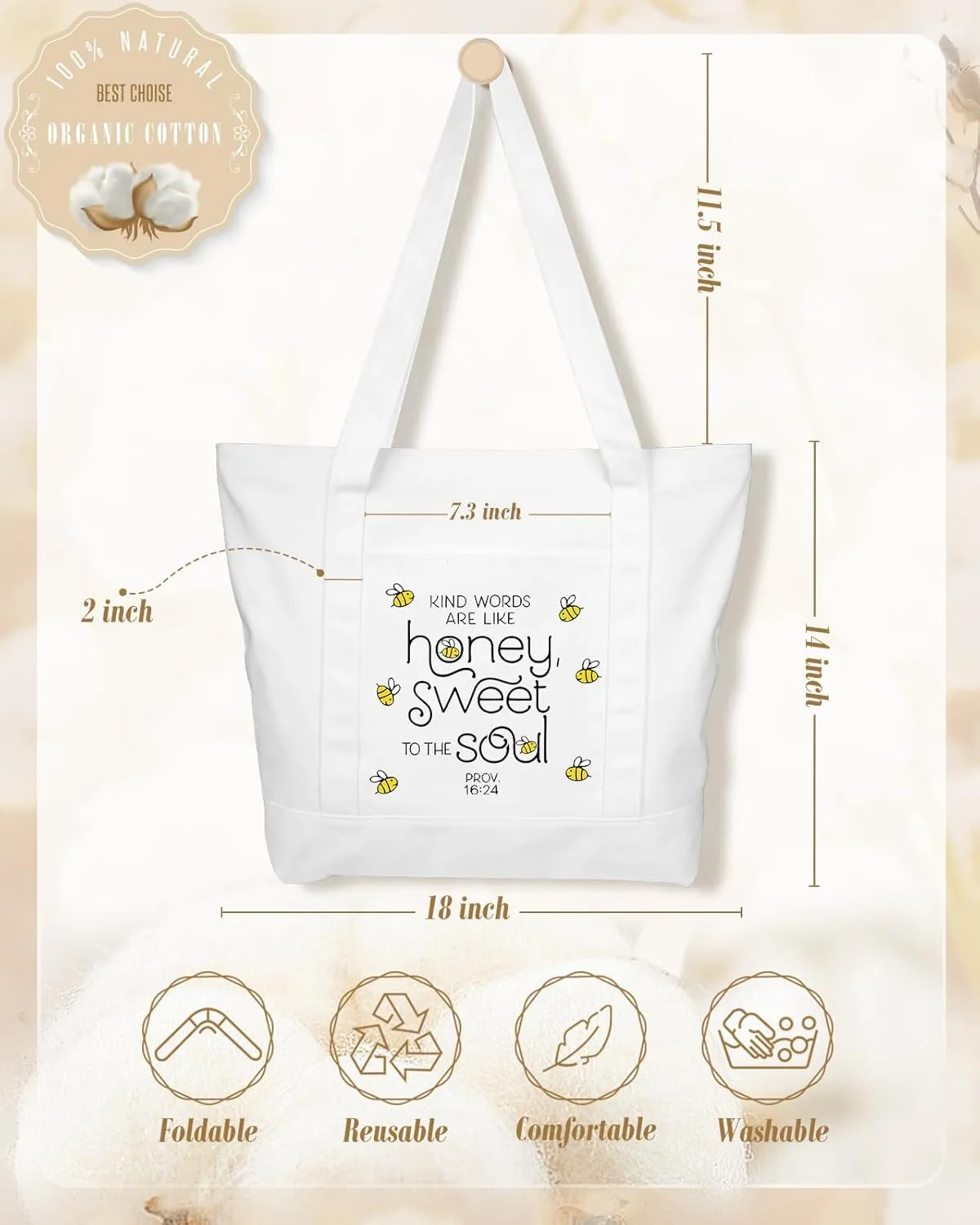 Large Canvas Tote Bag Zipper Closure - Outside Pocket Size 17.5''×14'' Aesthetic Boat Bag for Women Cotton