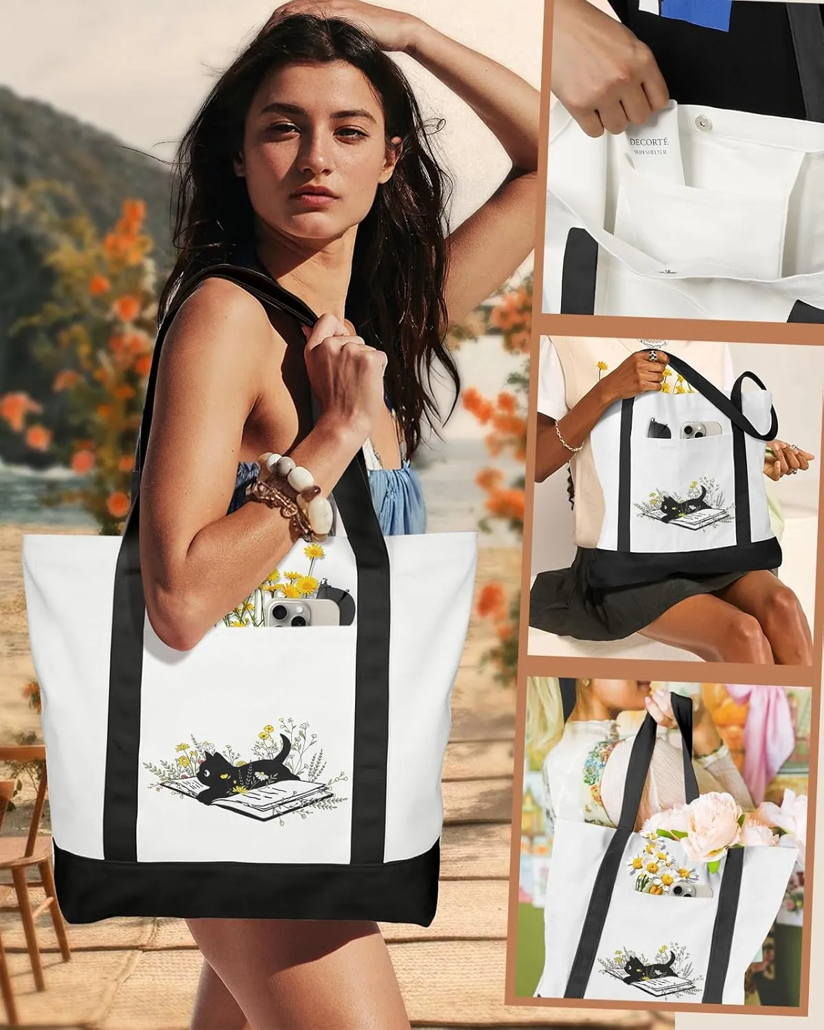 Large Canvas Tote Bag Zipper Closure - Outside Pocket Size 17.5''×14'' Aesthetic Boat Bag for Women Cotton