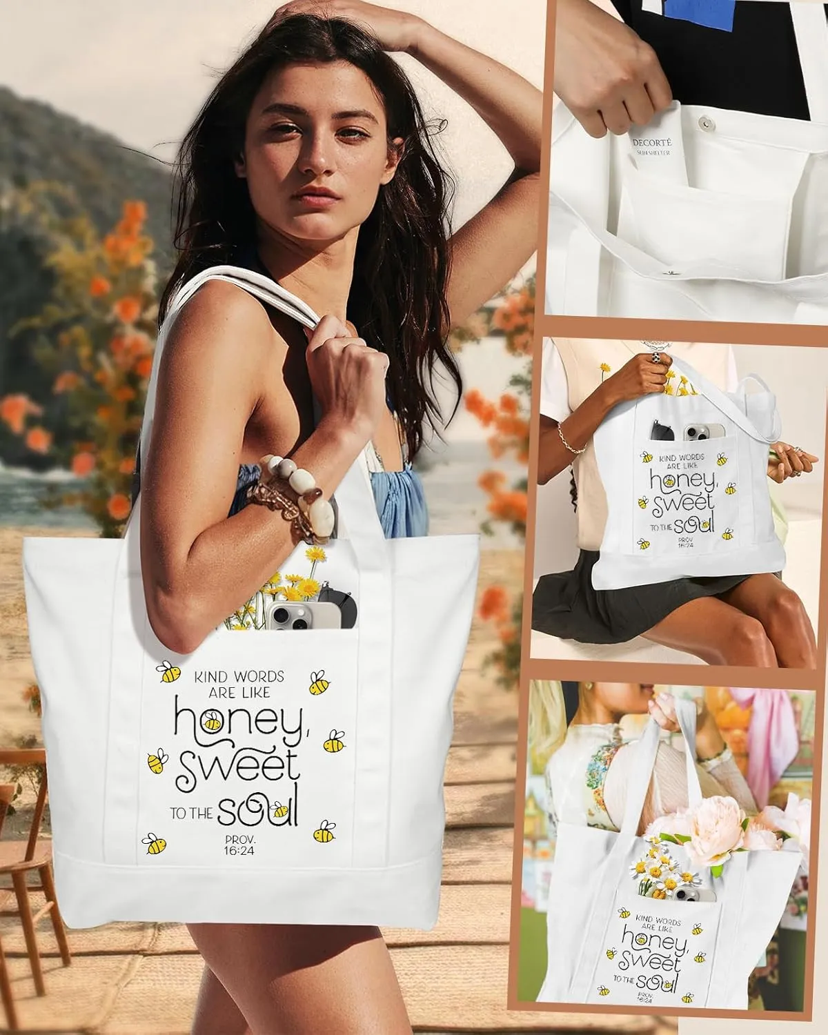 Large Canvas Tote Bag Zipper Closure - Outside Pocket Size 17.5''×14'' Aesthetic Boat Bag for Women Cotton