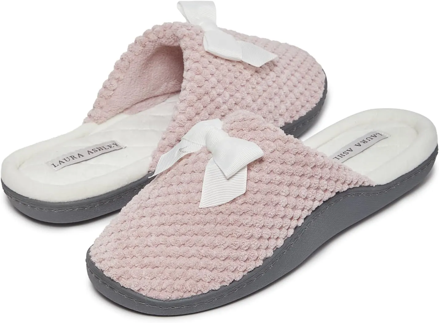 Laura Ashley Rugged Spa Slipper with Bow, Cozy Memory Foam Hard Bottom Slippers for Women, Soft Warm House Shoes