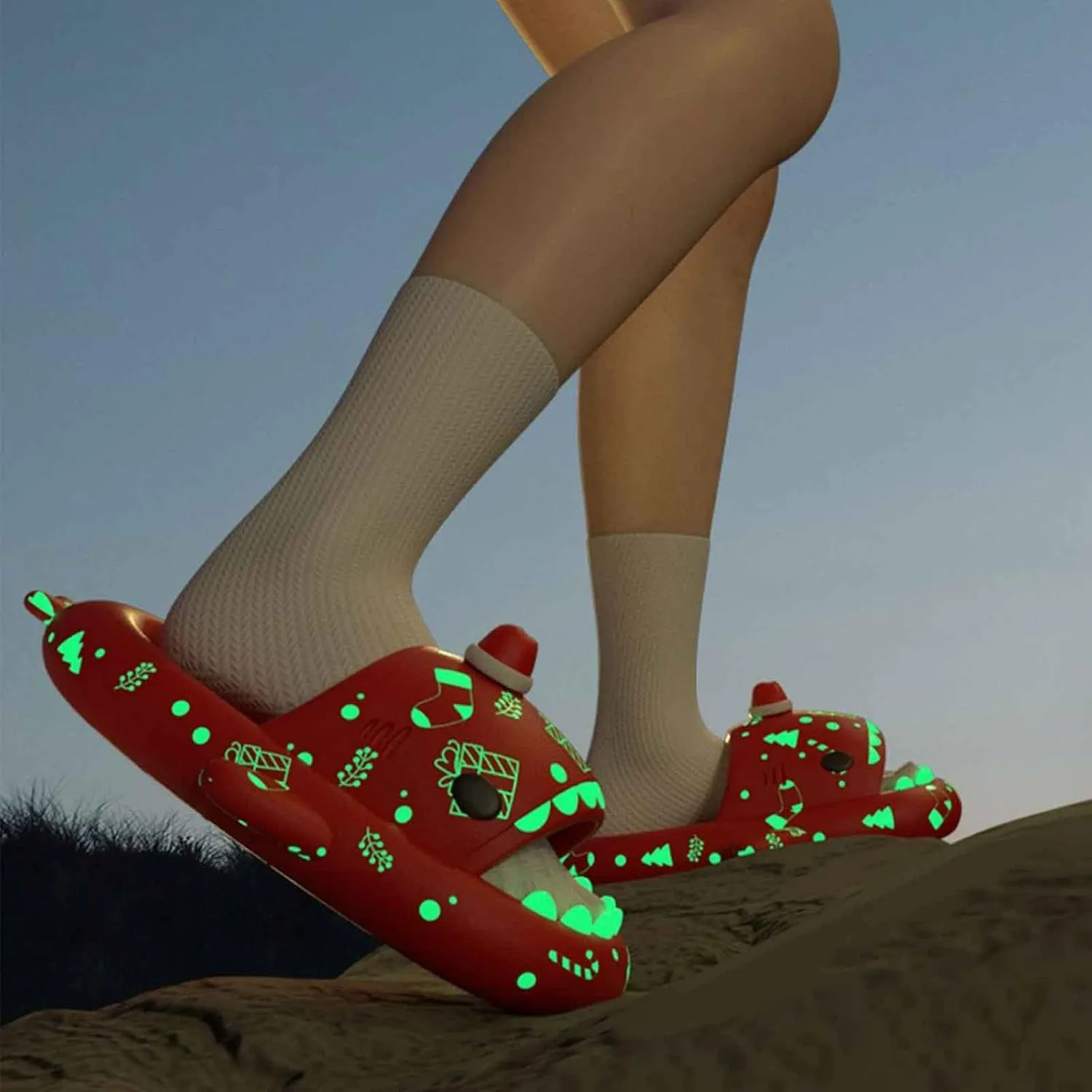LELEBEAR Spooky Shark Slides Glow In The Dark For Men Women, Halloween Christmas Shark Slippers,3D Cartoon Shark Slides Glow in Dark