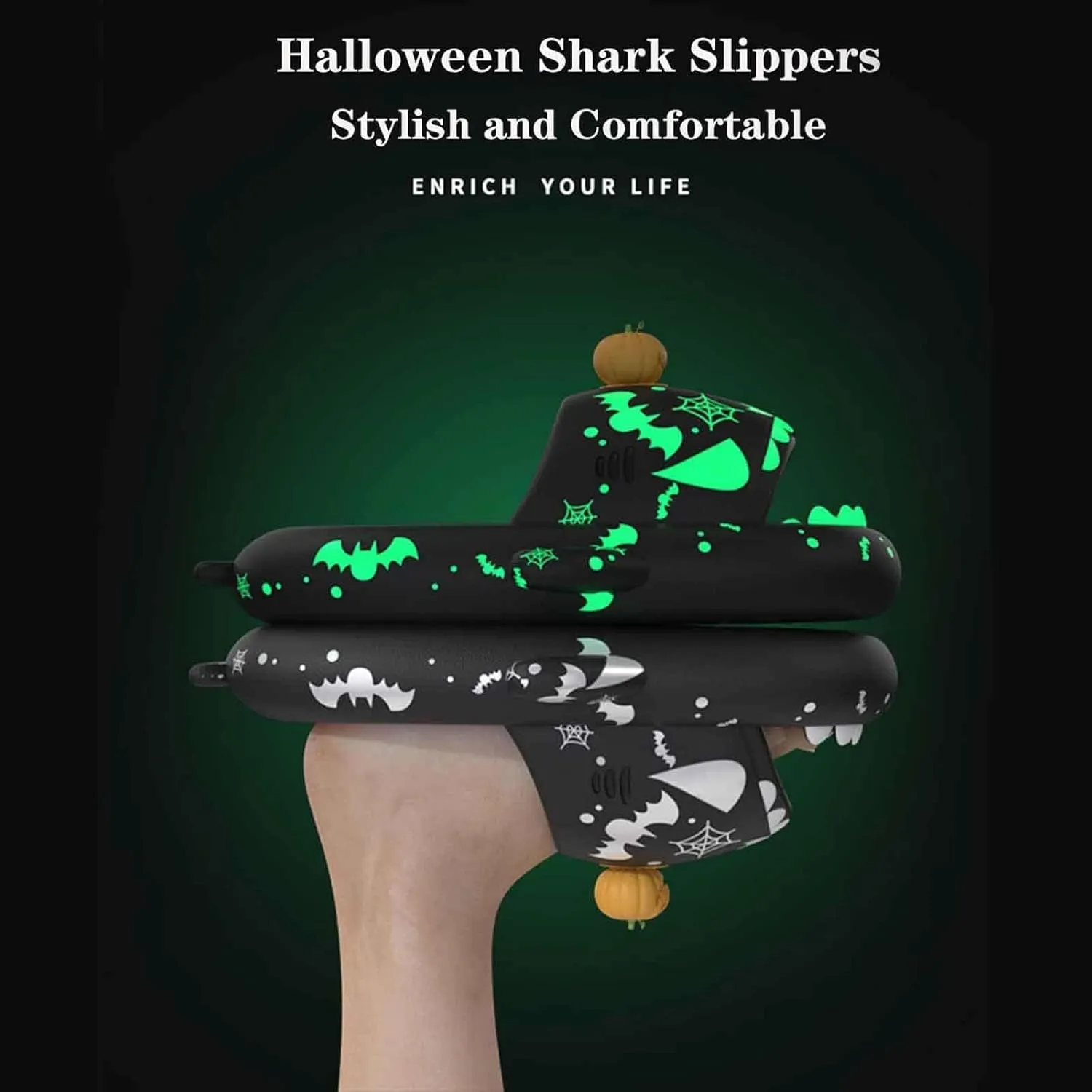 LELEBEAR Spooky Shark Slides Glow In The Dark For Men Women, Halloween Christmas Shark Slippers,3D Cartoon Shark Slides Glow in Dark