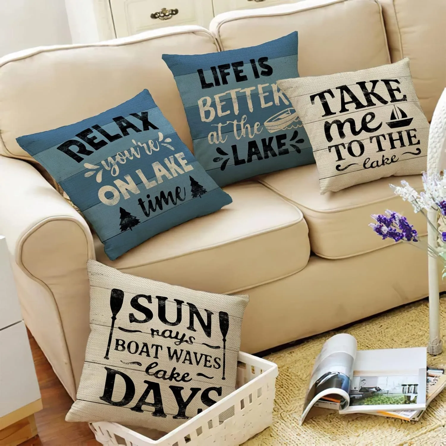 Life is Better at The Lake House Decorative 18x18 Throw Pillow Cover Set of 4, Lakehouse Retro Paddle Boat Decoration, Summer Farmhouse Pillowcase Cushion Case Home Decor for Sofa Couch