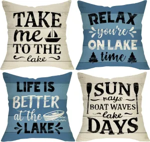 Life is Better at The Lake House Decorative 18x18 Throw Pillow Cover Set of 4, Lakehouse Retro Paddle Boat Decoration, Summer Farmhouse Pillowcase Cushion Case Home Decor for Sofa Couch