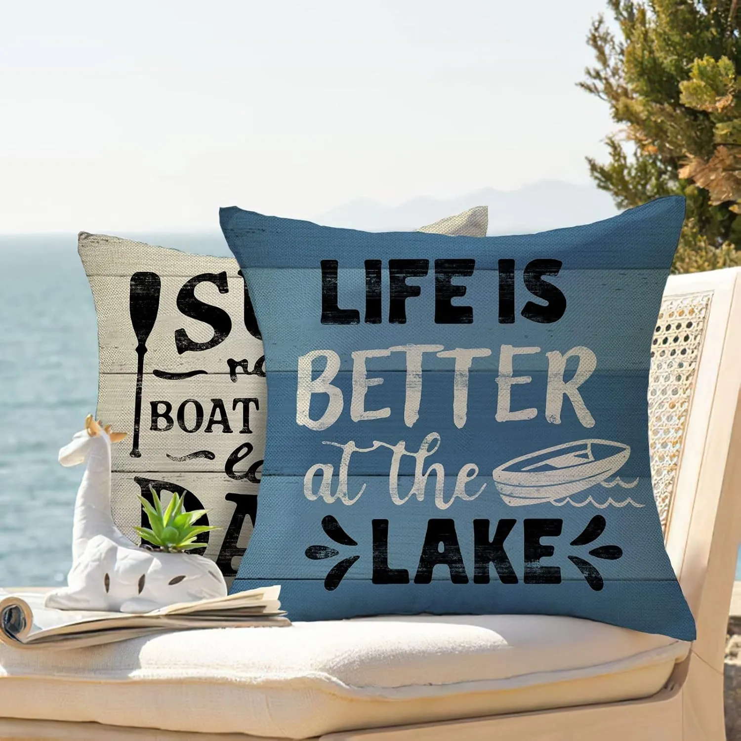 Life is Better at The Lake House Decorative 18x18 Throw Pillow Cover Set of 4, Lakehouse Retro Paddle Boat Decoration, Summer Farmhouse Pillowcase Cushion Case Home Decor for Sofa Couch
