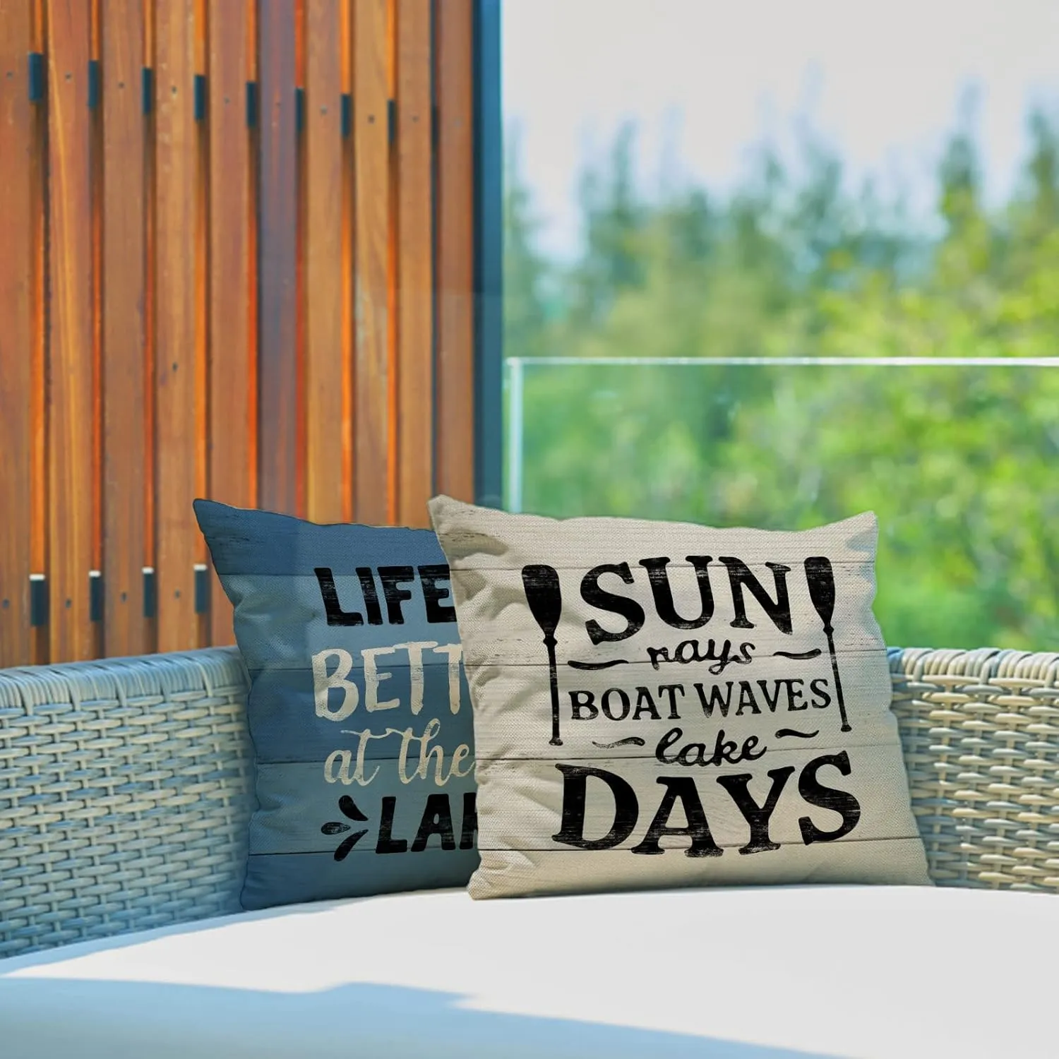 Life is Better at The Lake House Decorative 18x18 Throw Pillow Cover Set of 4, Lakehouse Retro Paddle Boat Decoration, Summer Farmhouse Pillowcase Cushion Case Home Decor for Sofa Couch