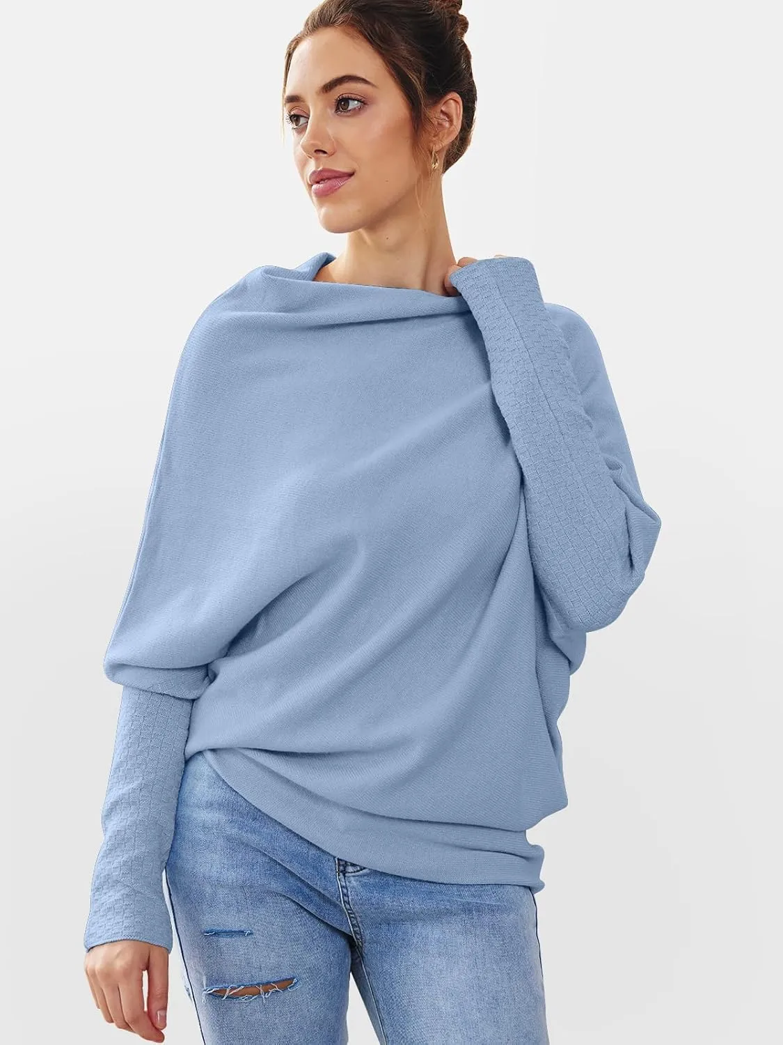 LILLUSORY Womens Batwing Oversized Sweaters Assymetrical Off The Shoulder Boat Neck Wrap Tunic Tops Fall Fashion Cloth Outfit