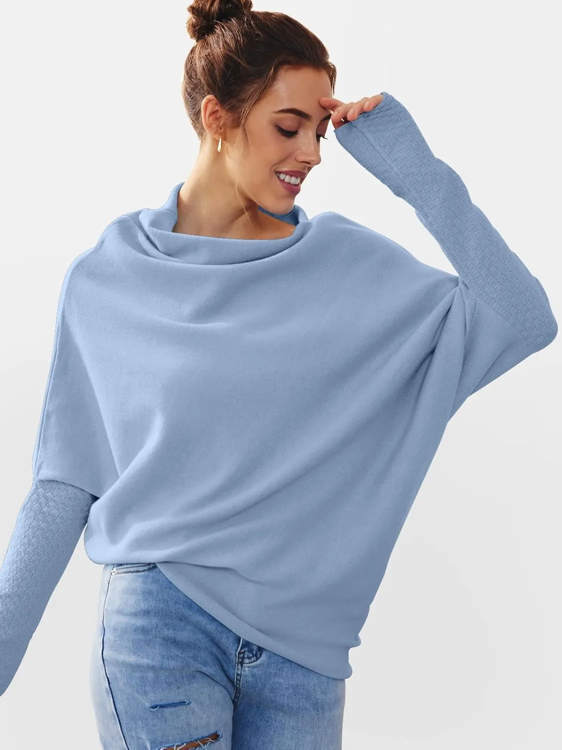 LILLUSORY Womens Batwing Oversized Sweaters Assymetrical Off The Shoulder Boat Neck Wrap Tunic Tops Fall Fashion Cloth Outfit