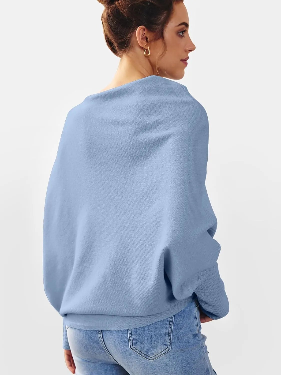 LILLUSORY Womens Batwing Oversized Sweaters Assymetrical Off The Shoulder Boat Neck Wrap Tunic Tops Fall Fashion Cloth Outfit