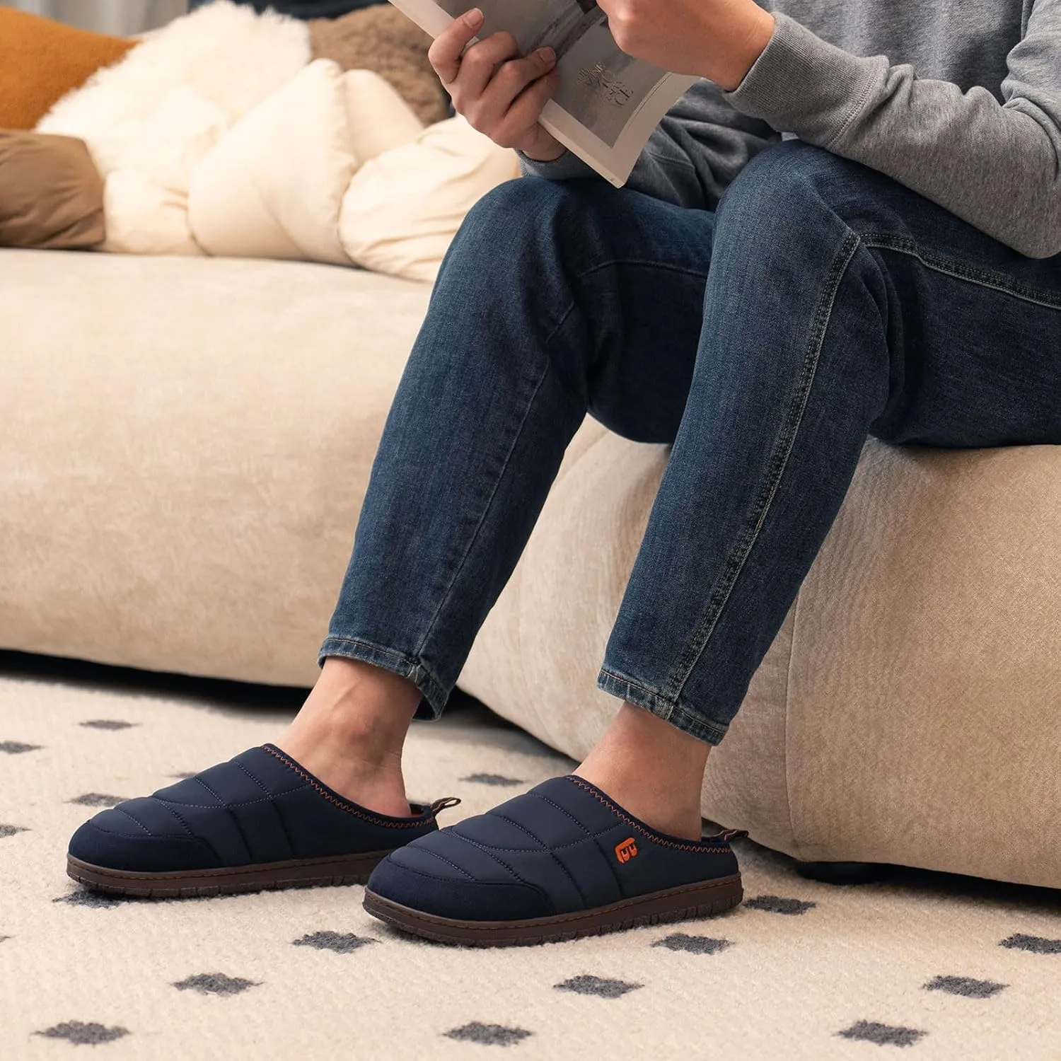 LongBay Mens Slip on Slippers Two-Tone Indoor Outdoor House Shoes Memory Foam Camping Garden Down Clogs