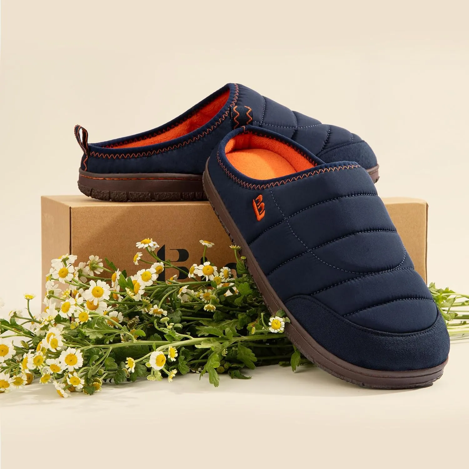 LongBay Mens Slip on Slippers Two-Tone Indoor Outdoor House Shoes Memory Foam Camping Garden Down Clogs