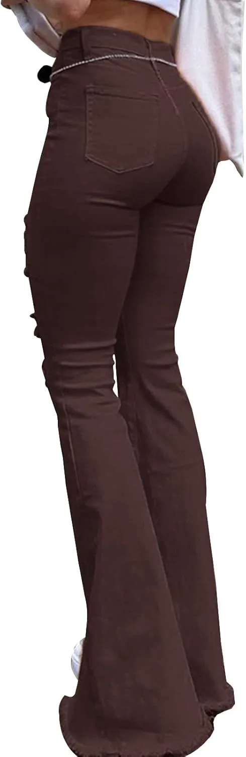 LONGBIDA High Waisted Flare Jeans for Women-Stretch Skinny Bell Bottom Jean Straight Leg Frayed Raw Hem Denim Pants