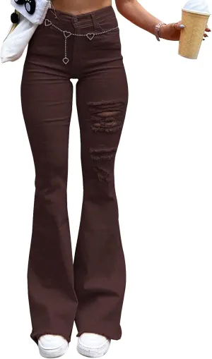 LONGBIDA High Waisted Flare Jeans for Women-Stretch Skinny Bell Bottom Jean Straight Leg Frayed Raw Hem Denim Pants