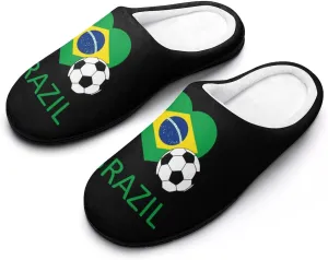 Love Brazil Soccer Cotton Slippers Warm Indoor Soft Fuzzy Plush Non- Slip Slippers Winter House Shoes Suitable Mens