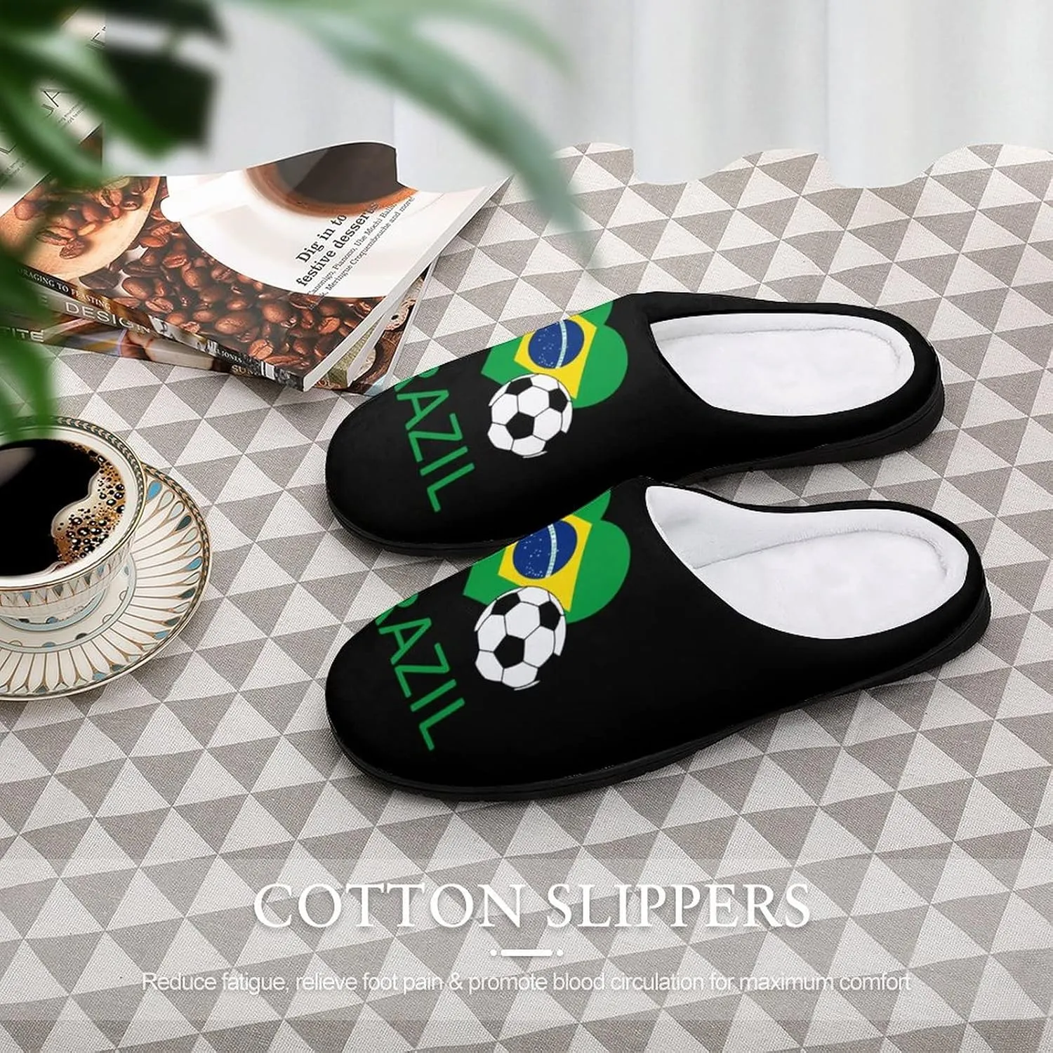 Love Brazil Soccer Cotton Slippers Warm Indoor Soft Fuzzy Plush Non- Slip Slippers Winter House Shoes Suitable Mens