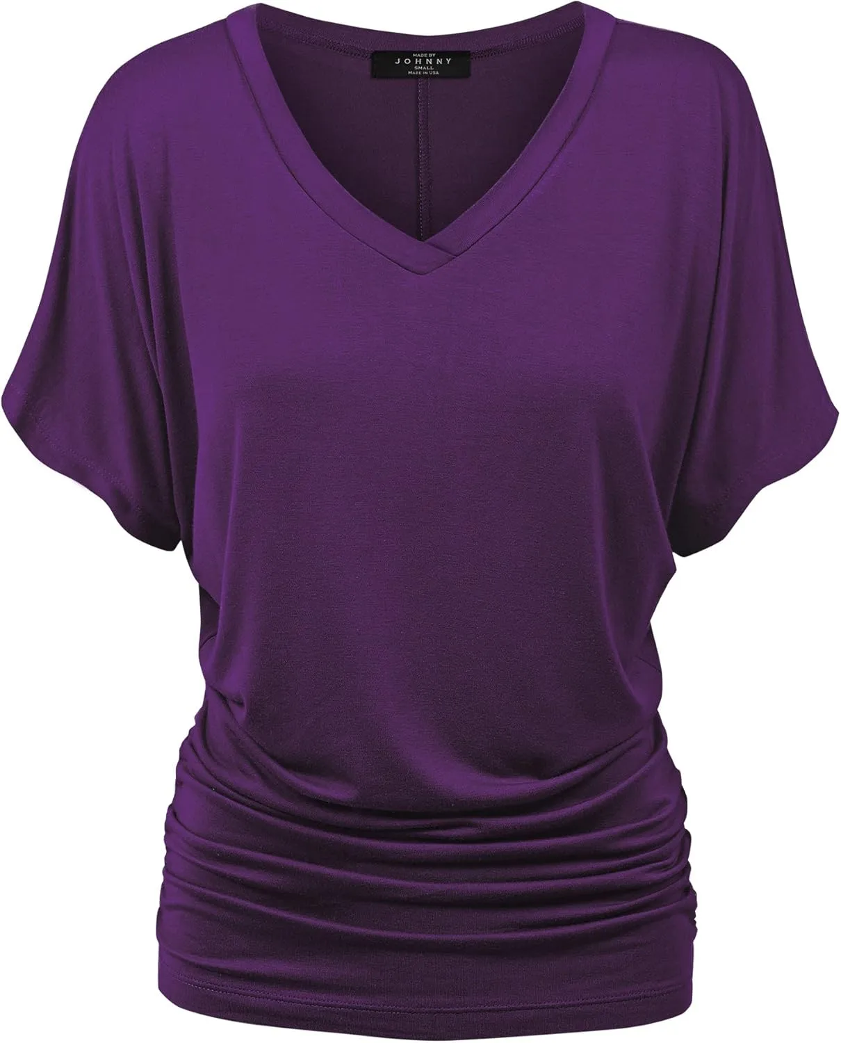 Made By Johnny Women's Casual Solid Short Sleeve Boat Neck/V Neck Dolman Top T Shirt with Side Shirring
