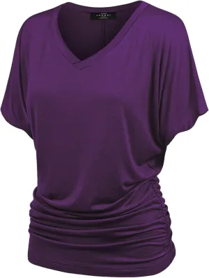 Made By Johnny Women's Casual Solid Short Sleeve Boat Neck/V Neck Dolman Top T Shirt with Side Shirring