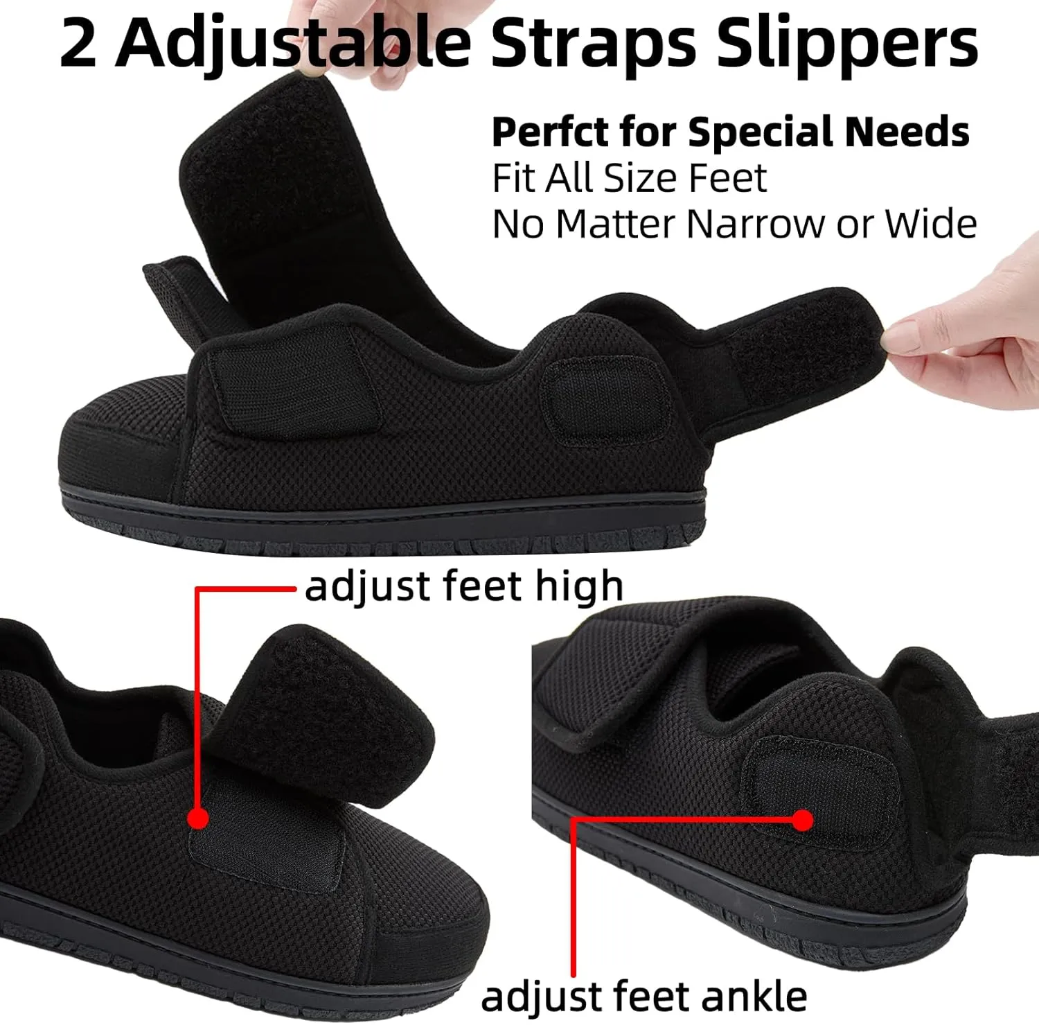 Men Adjustable Velcro Slippers Breathable Adjust Closure Diabetic Walking Shoes for Men Extra Wide Width for Swollen Feet All Season Wear Black DarkBlue US8-US13