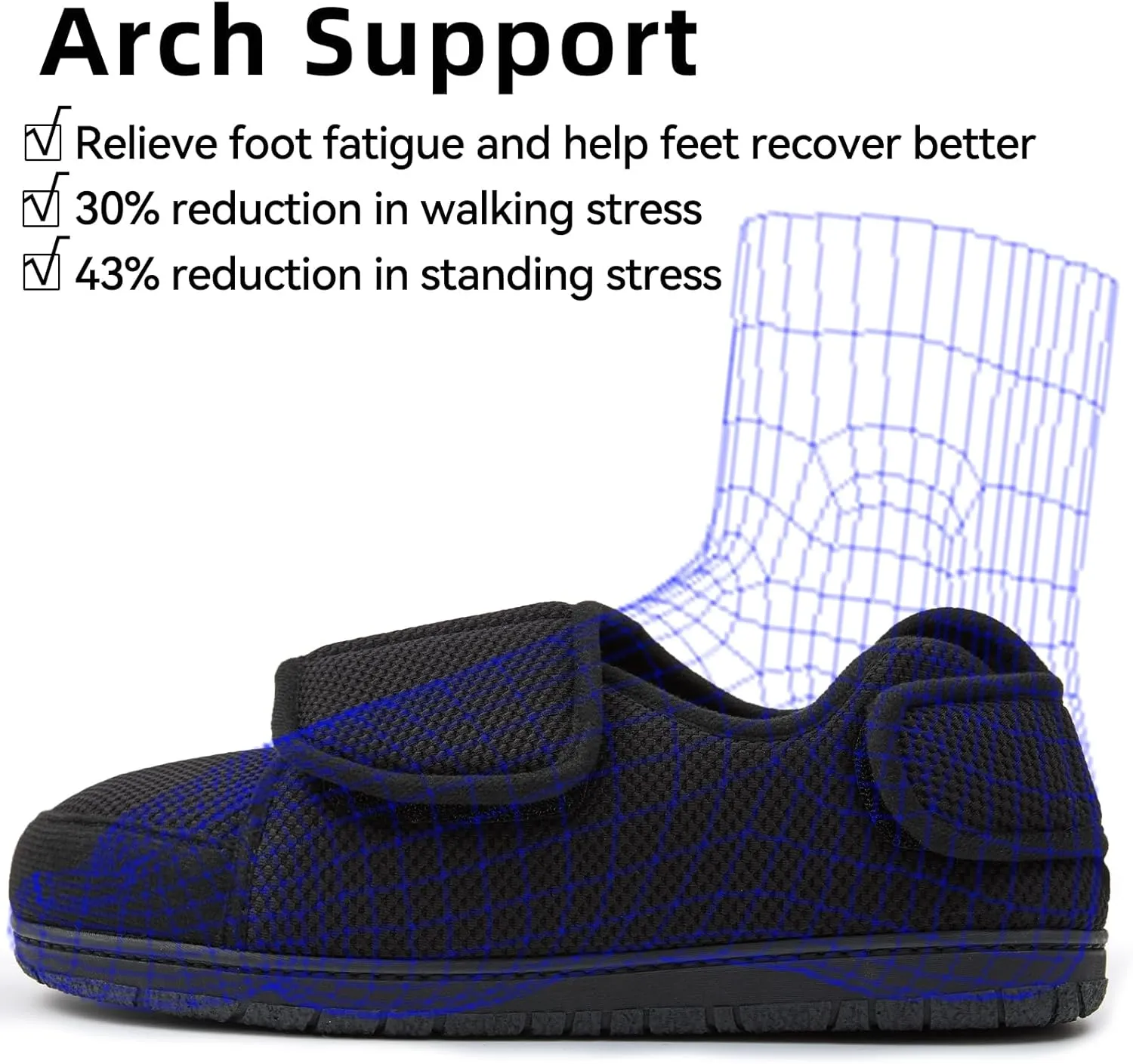 Men Adjustable Velcro Slippers Breathable Adjust Closure Diabetic Walking Shoes for Men Extra Wide Width for Swollen Feet All Season Wear Black DarkBlue US8-US13