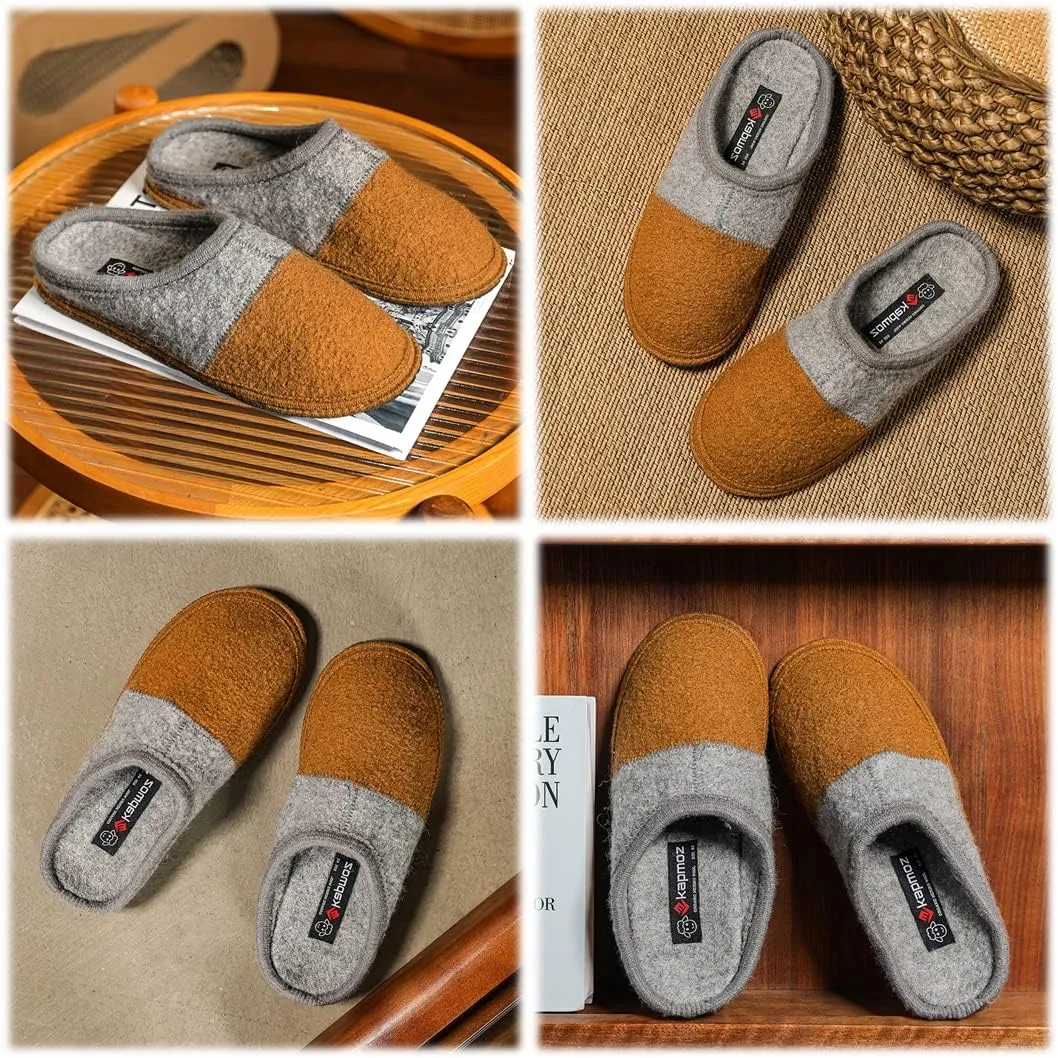 Men's Boiled Wool House Slippers Breathable Winter Warm Slip on Mules Indoor/Outdoor Slipper for Women Two Tone Cap Toe Clog